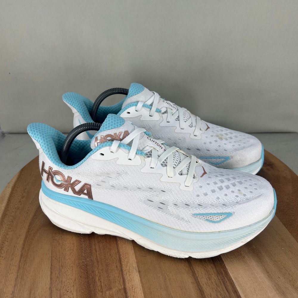 Hoka Clifton 9 Wide White Blue Rose Gold Running Shoes 1132211 FTRS Womens 10 D